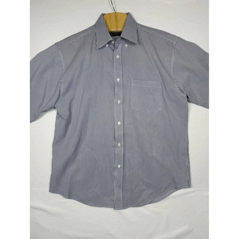 Bugatchi Uomo Button Down Men Large Navy Blue Micro Check Short‎ Sleeve Shirt